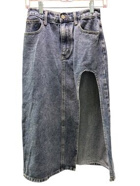 Cider Women's Mid Rise Medium‎ Wash Denim Solid Split Midi Skirt Size XXS